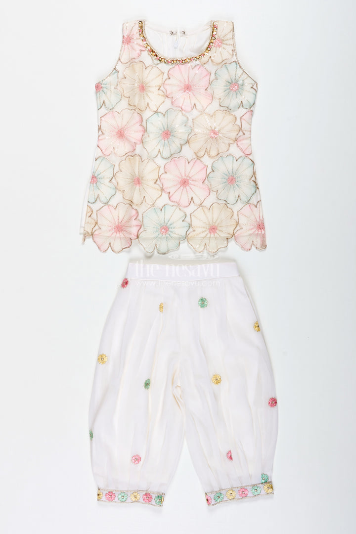 Girls Ivory Floral Sharara Set With Pastel Thread Embroidery