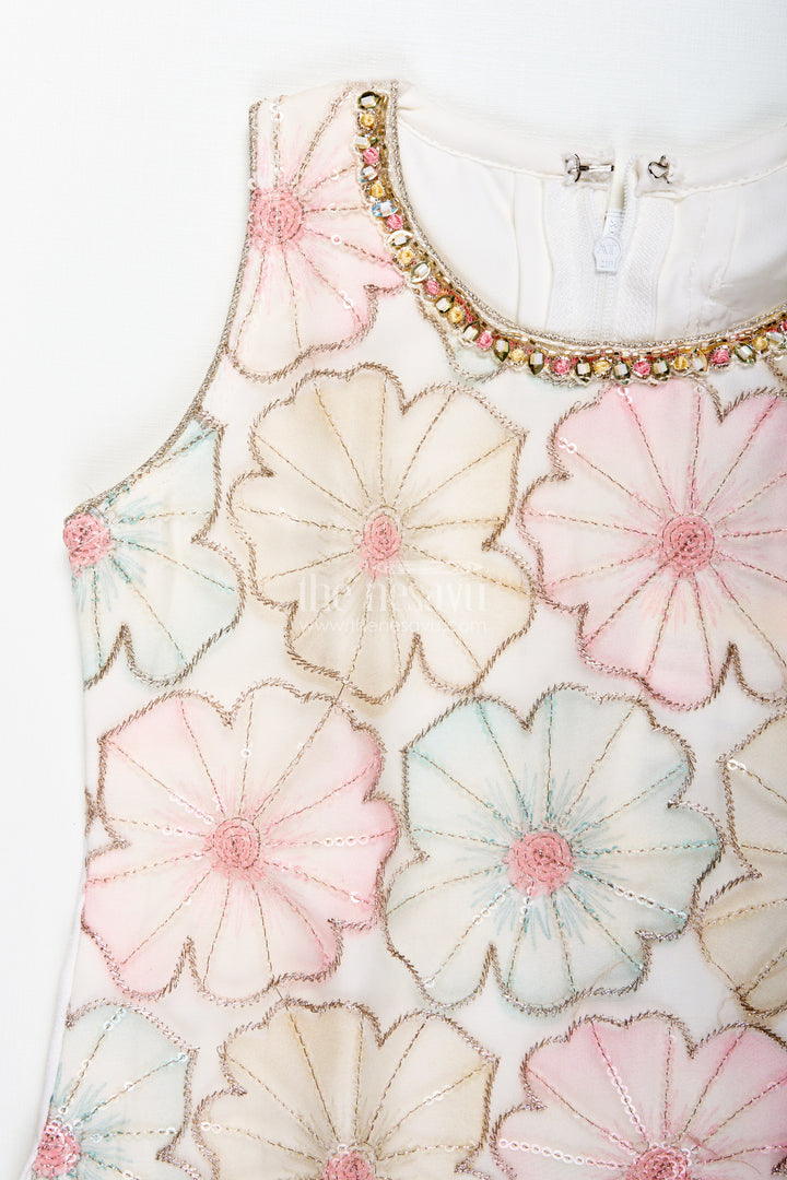 Girls Ivory Floral Sharara Set With Pastel Thread Embroidery
