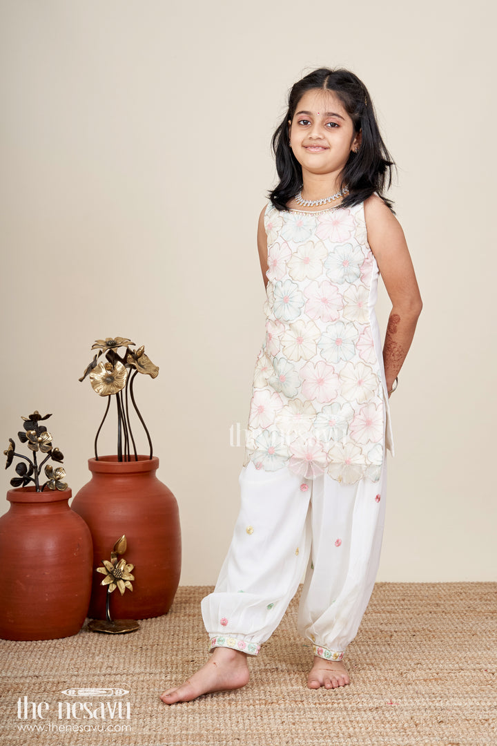 Girls Ivory Floral Sharara Set With Pastel Thread Embroidery