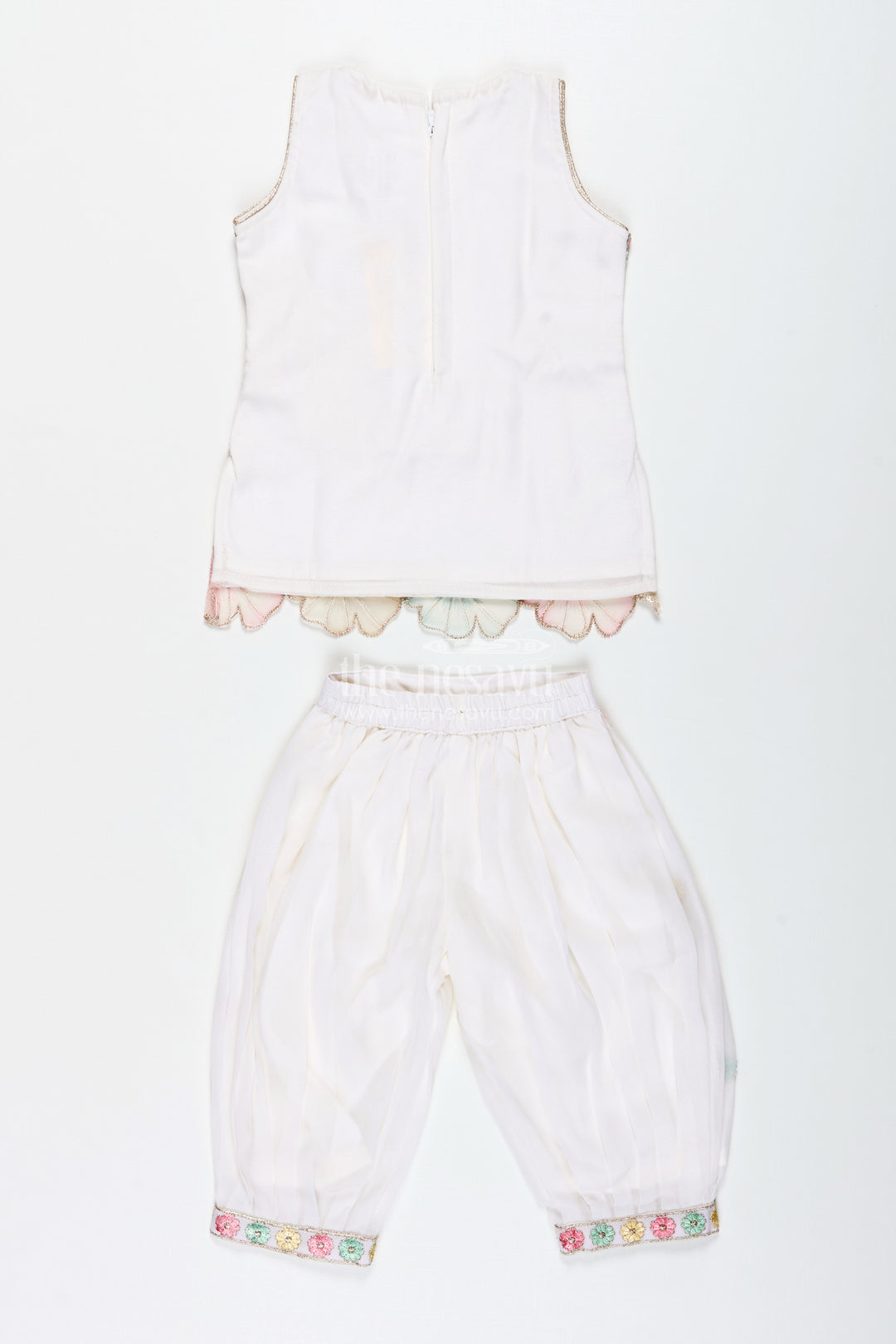 Girls Ivory Floral Sharara Set With Pastel Thread Embroidery