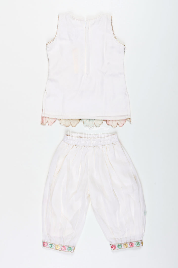 Girls Ivory Floral Sharara Set With Pastel Thread Embroidery