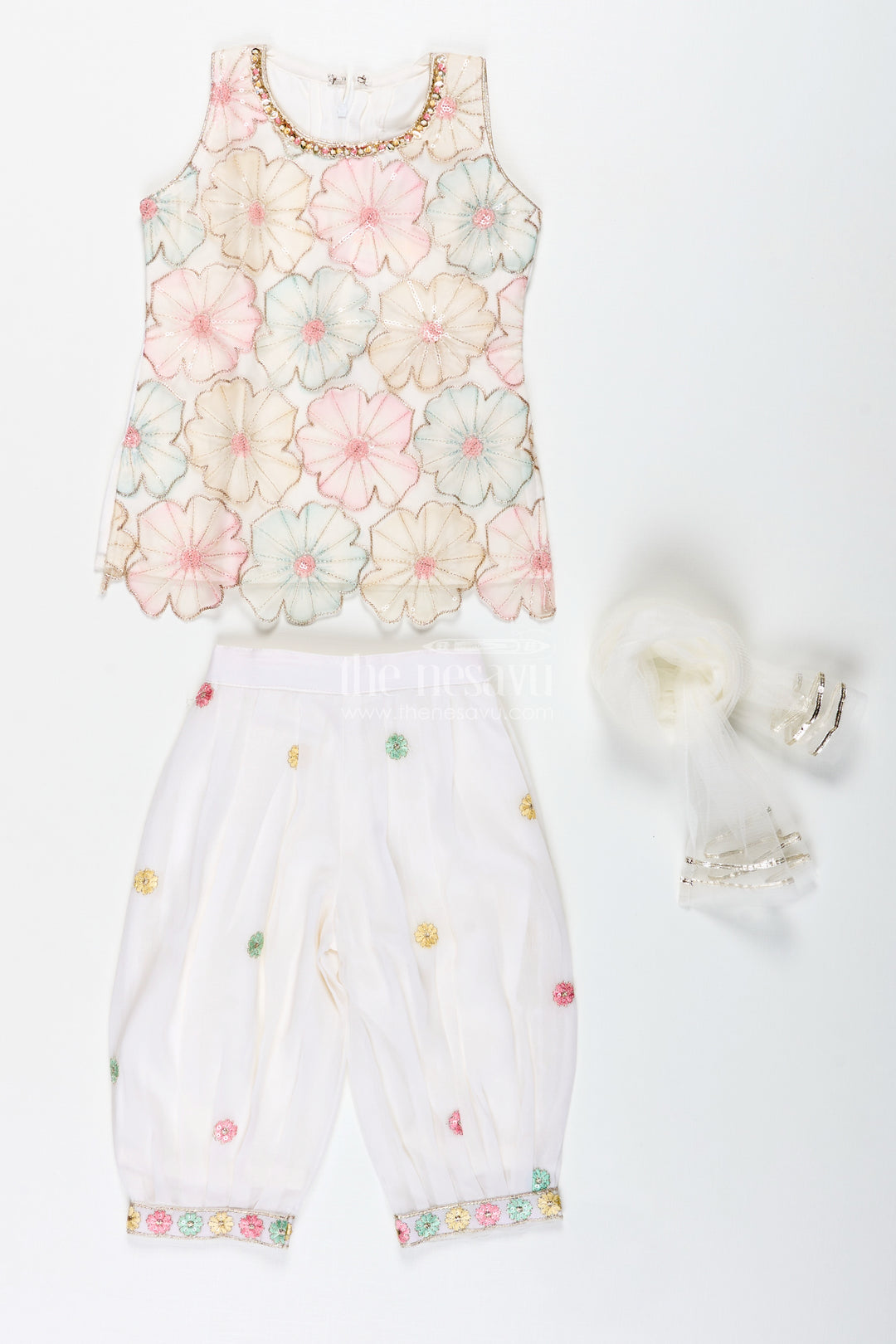 Girls Ivory Floral Sharara Set With Pastel Thread Embroidery