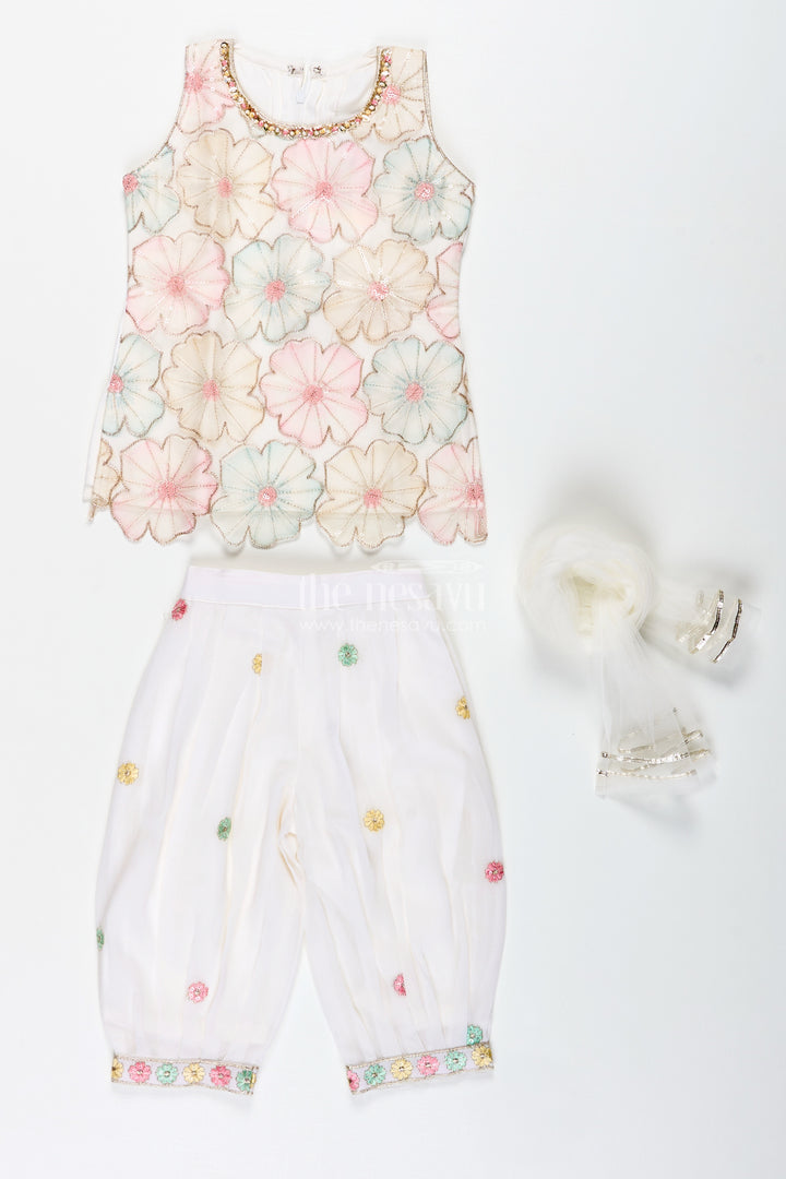 Girls Ivory Floral Sharara Set With Pastel Thread Embroidery