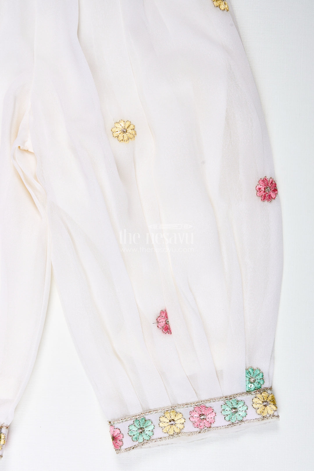 Girls Ivory Floral Sharara Set With Pastel Thread Embroidery