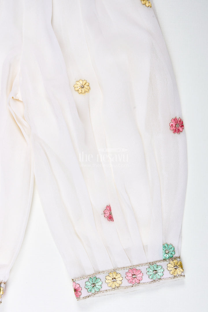 Girls Ivory Floral Sharara Set With Pastel Thread Embroidery