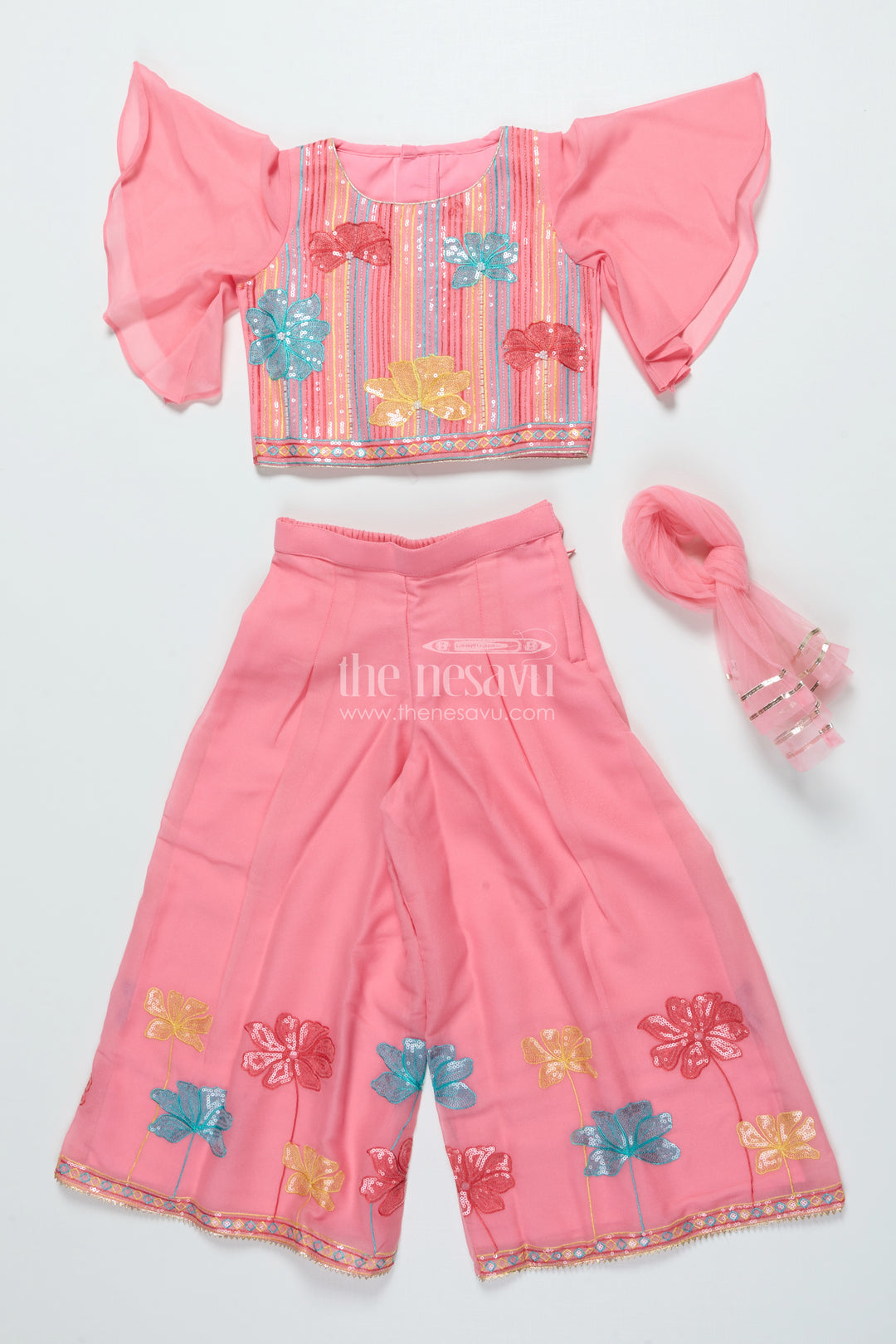 Sequinned Georgette Sharara Set for Girls with Dupatta Perfect for Weddings and Cultural Events