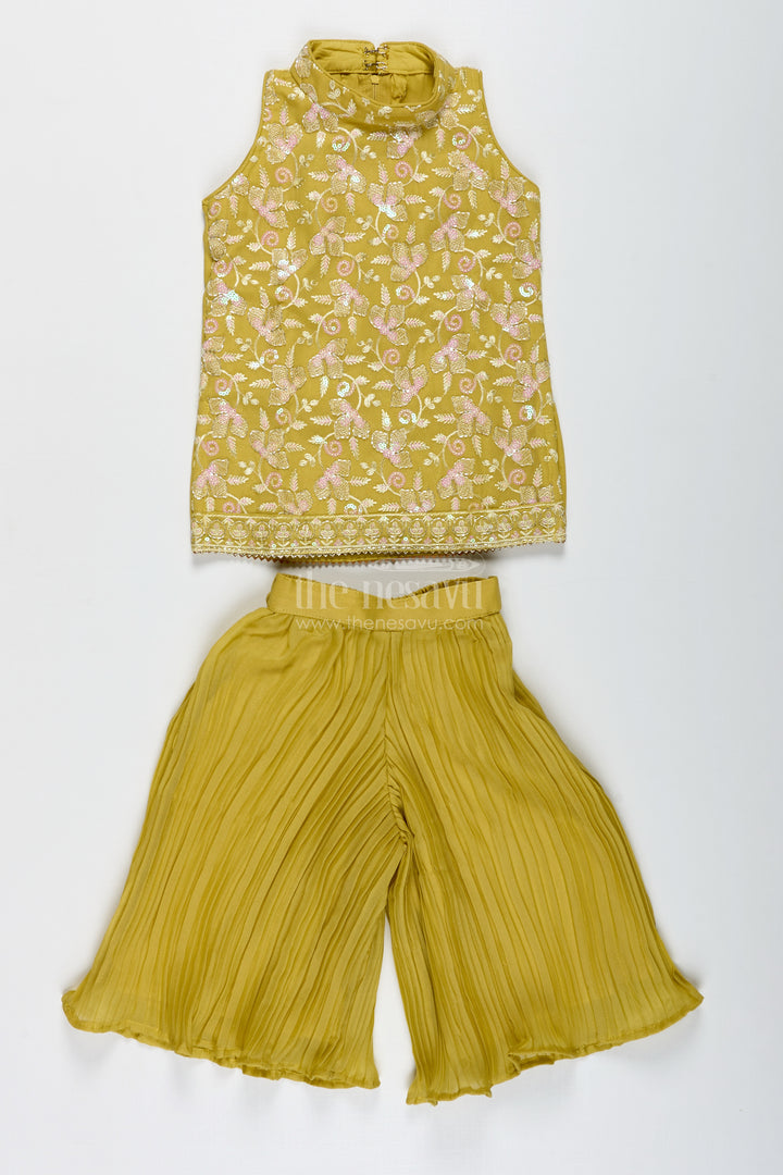 Girls Yellow Sharara Set With Sequin High-Neck Top And Flared Pants
