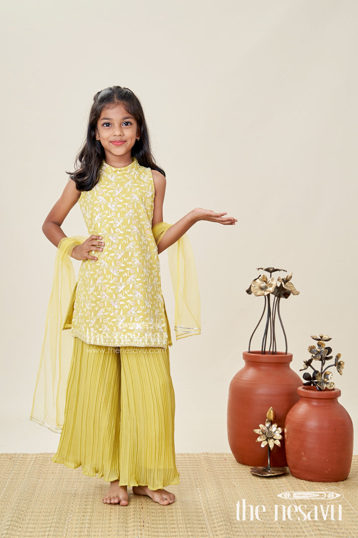Girls Yellow Sharara Set With Sequin High-Neck Top And Flared Pants