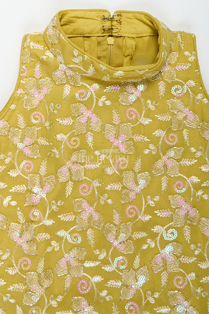 Girls Yellow Sharara Set With Sequin High-Neck Top And Flared Pants