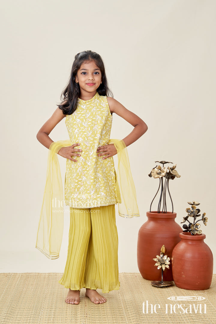 Girls Yellow Sharara Set With Sequin High-Neck Top And Flared Pants