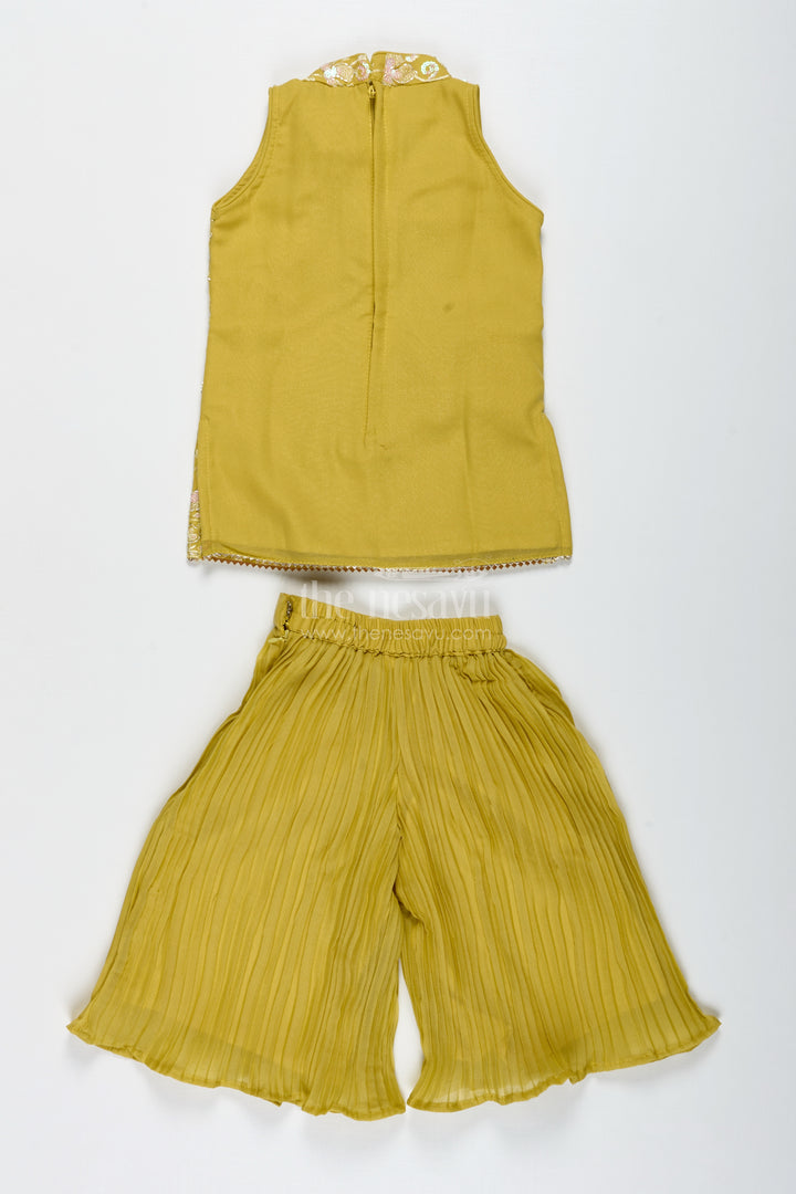 Girls Yellow Sharara Set With Sequin High-Neck Top And Flared Pants