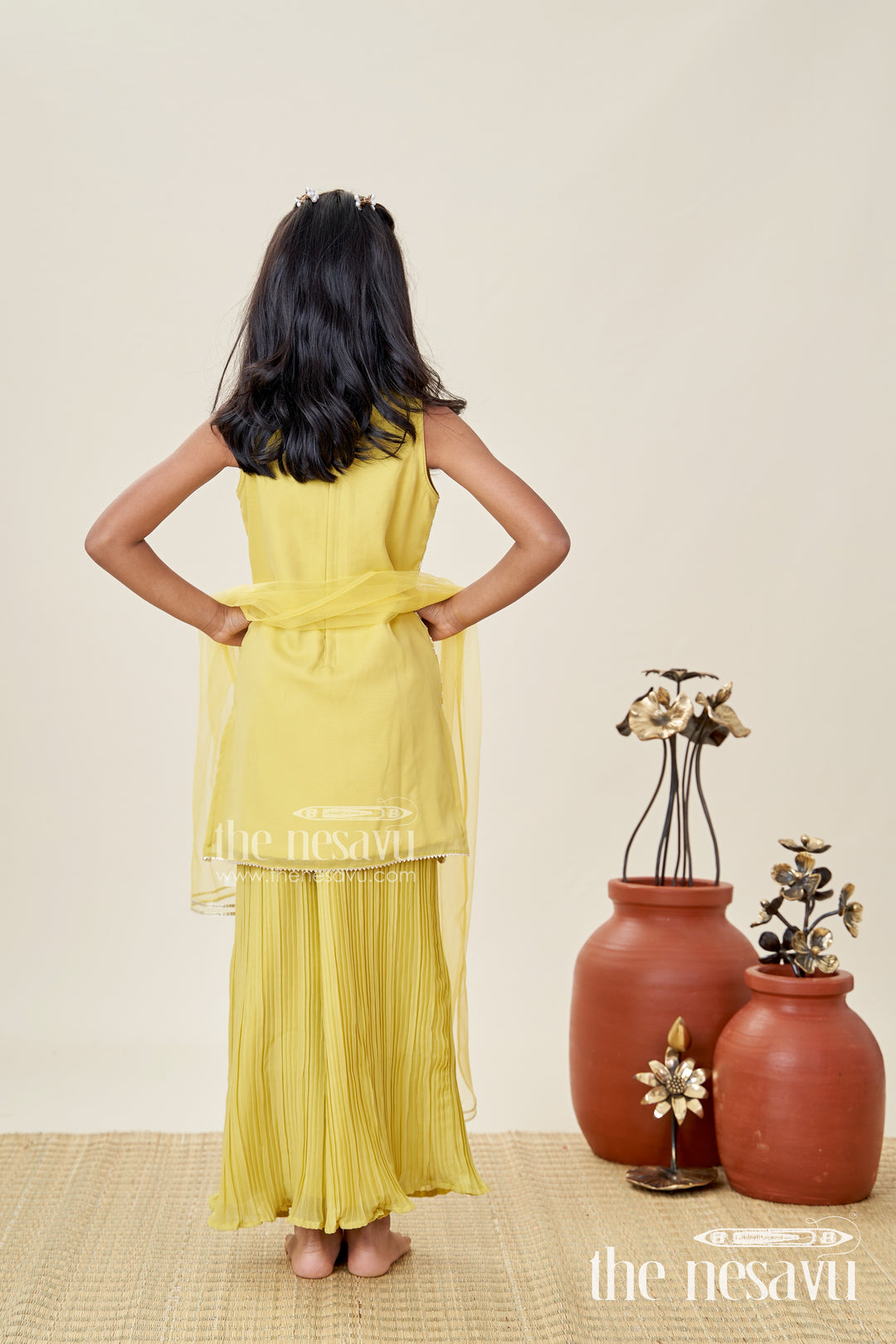 Girls Yellow Sharara Set With Sequin High-Neck Top And Flared Pants