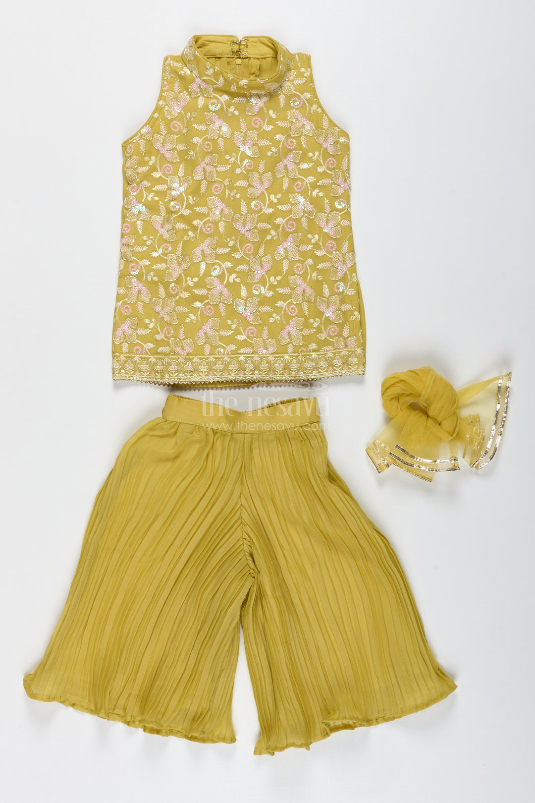 Girls Yellow Sharara Set With Sequin High-Neck Top And Flared Pants