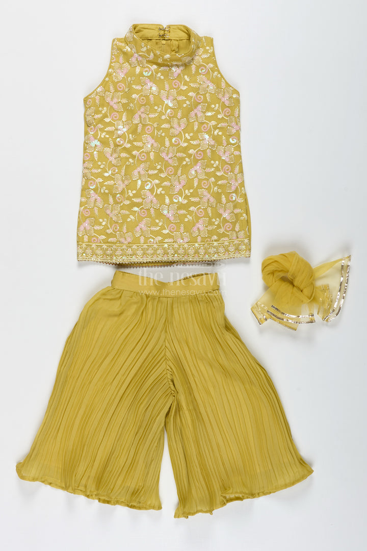 Girls Yellow Sharara Set With Sequin High-Neck Top And Flared Pants