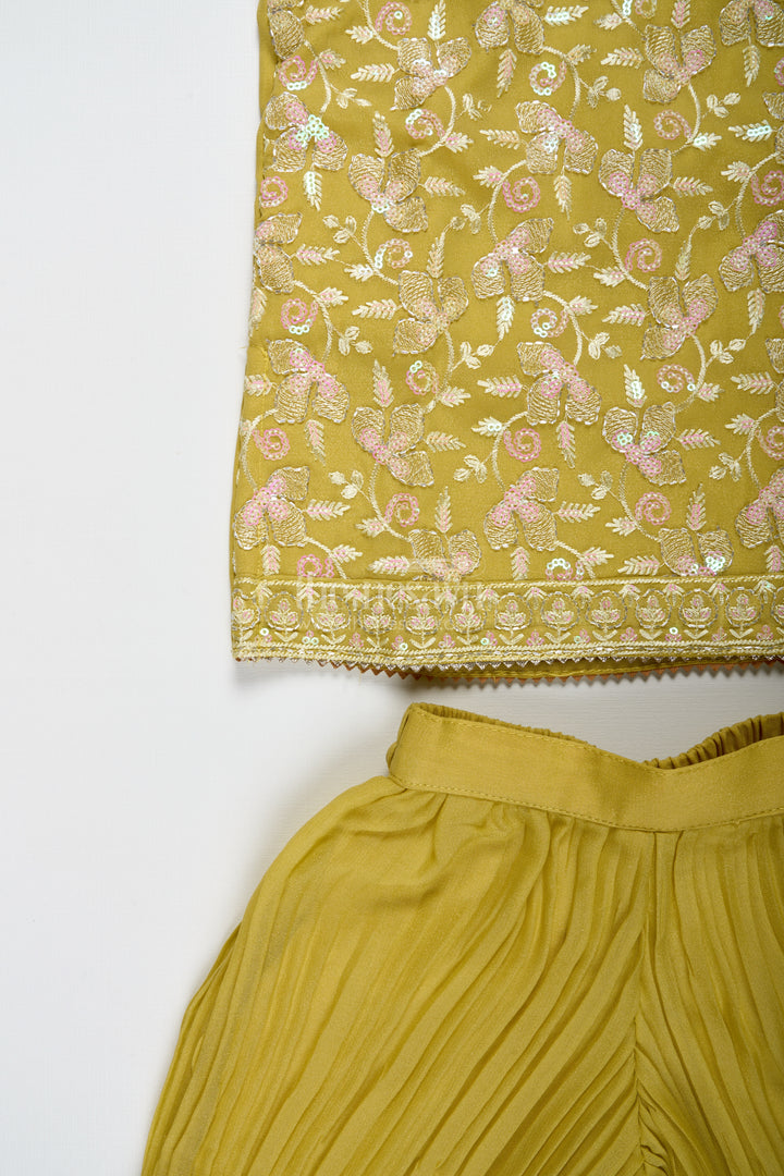 Girls Yellow Sharara Set With Sequin High-Neck Top And Flared Pants