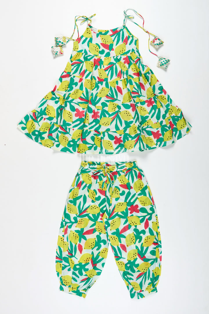 Girls Cotton Casual Set With Lemon Print For Summer Fun