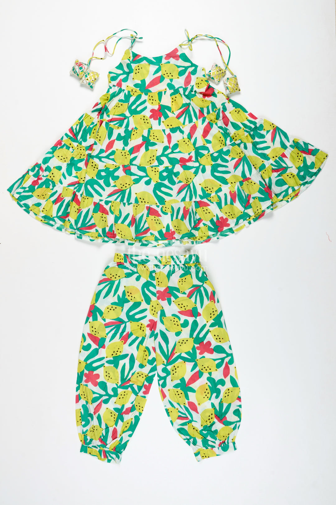 Girls Cotton Casual Set With Lemon Print For Summer Fun
