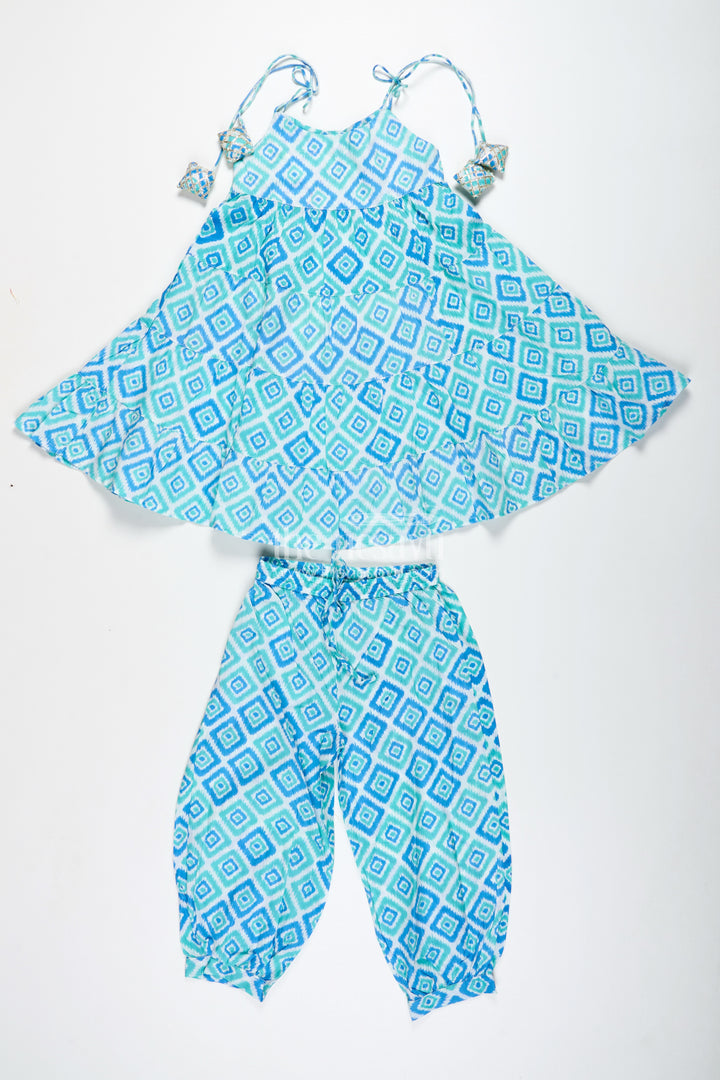 Girls cotton co-ord set with blue ikat print for everyday wear