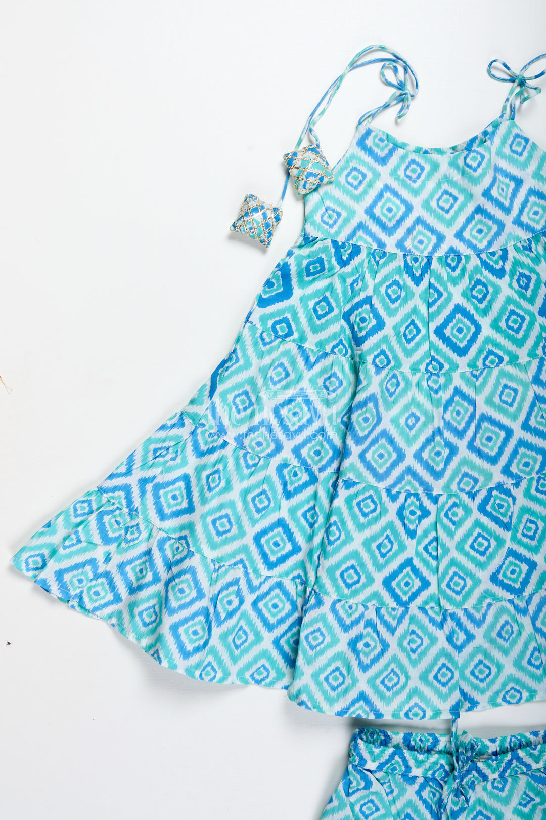Girls cotton co-ord set with blue ikat print for everyday wear
