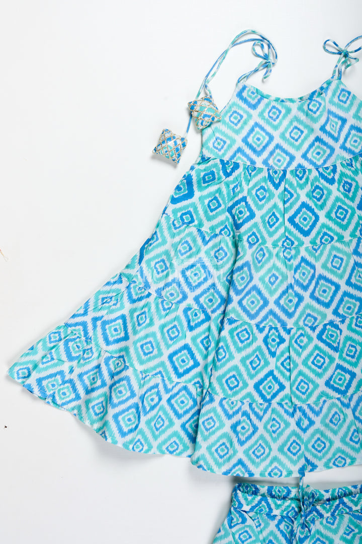 Girls cotton co-ord set with blue ikat print for everyday wear