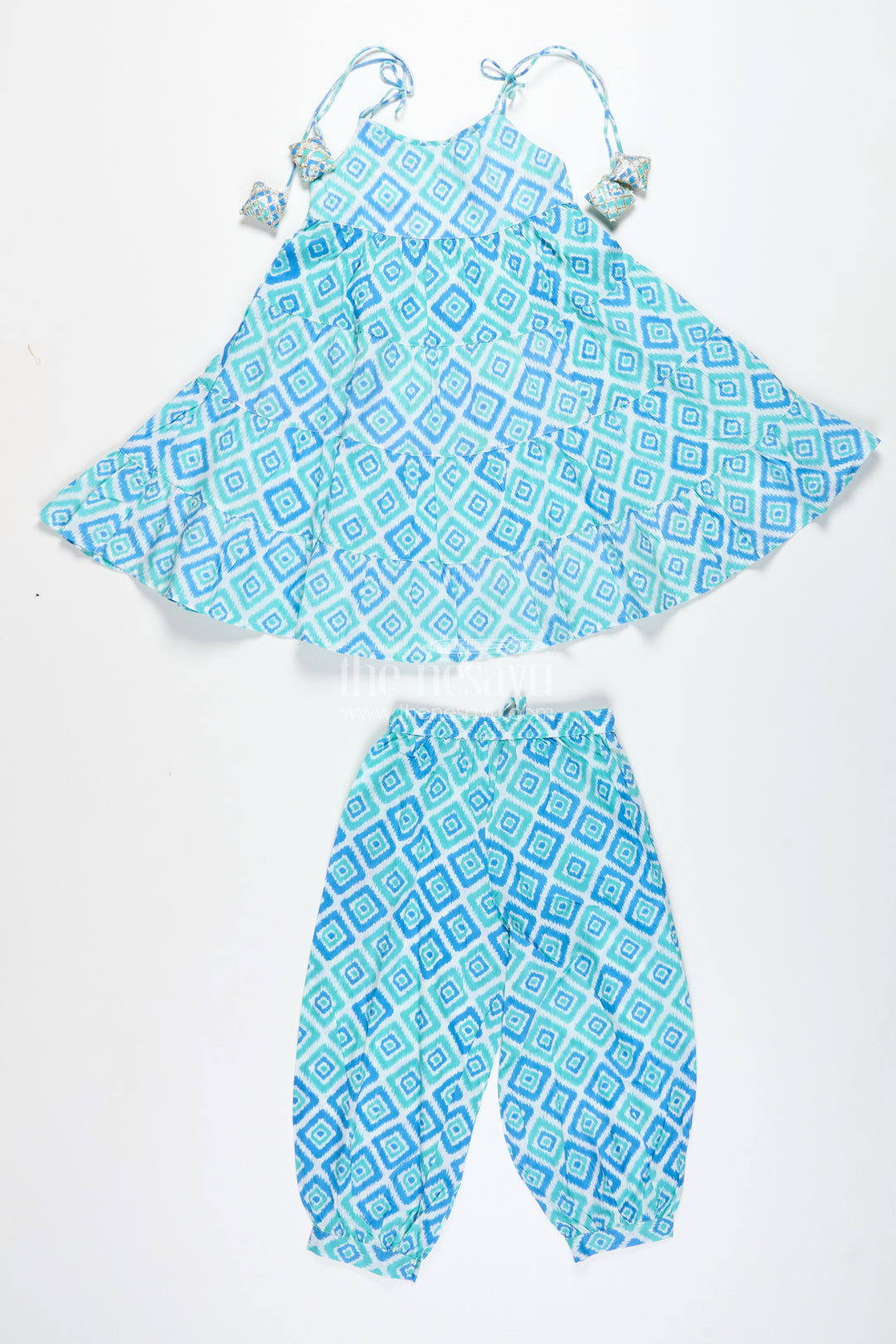 Girls cotton co-ord set with blue ikat print for everyday wear