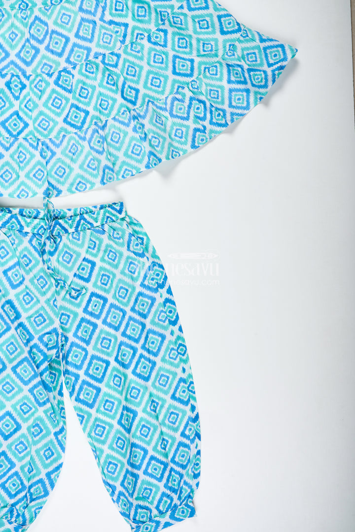 Girls cotton co-ord set with blue ikat print for everyday wear