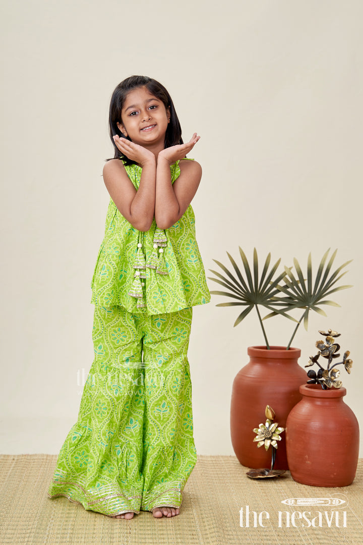 Girls green halter top with ethnic printed skirt for festive occasions