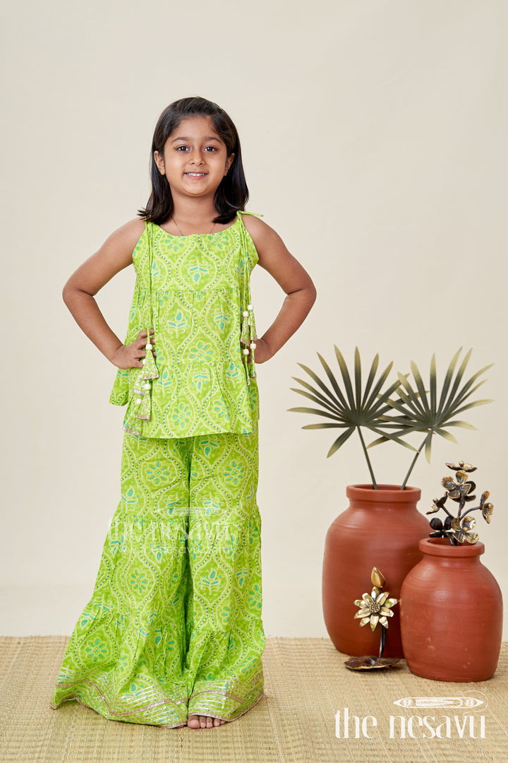Girls green halter top with ethnic printed skirt for festive occasions