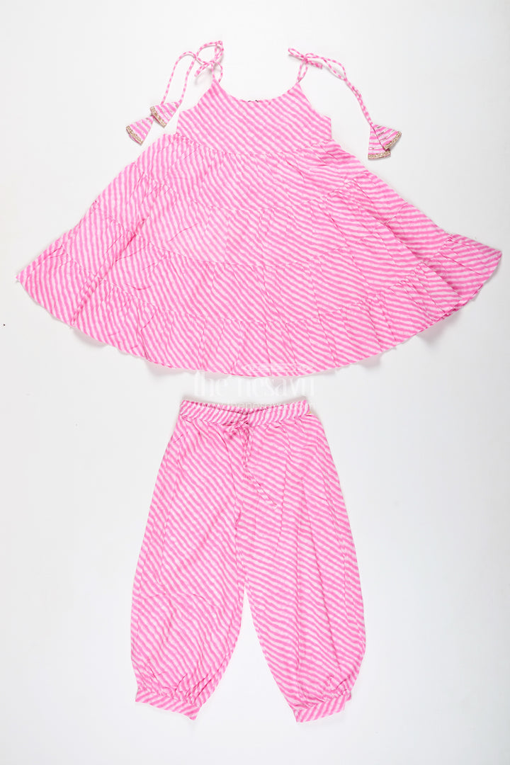 Girls Pink Cotton Casual Set With Striped Tiered Top And Pants
