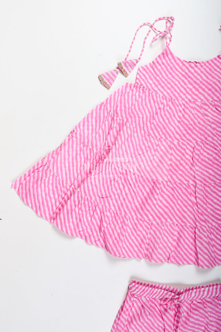 Girls Pink Cotton Casual Set With Striped Tiered Top And Pants