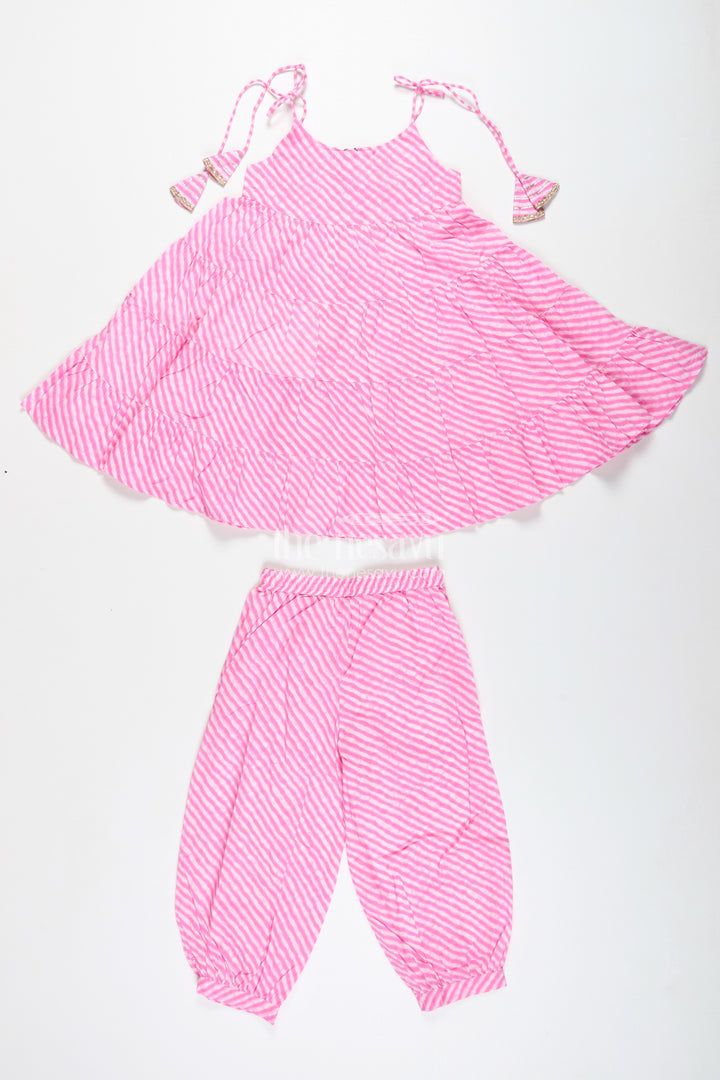 Girls Pink Cotton Casual Set With Striped Tiered Top And Pants