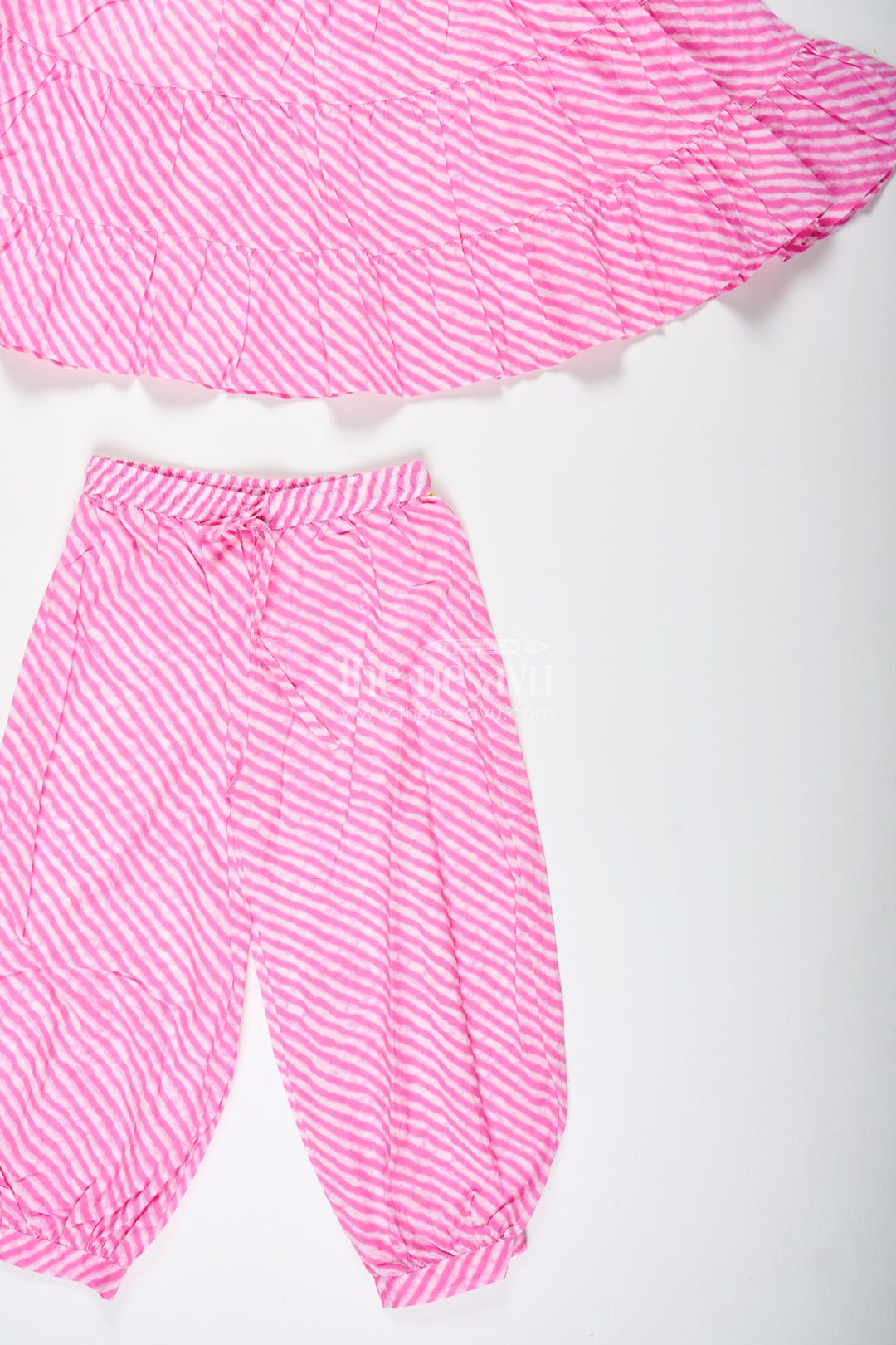 Girls Pink Cotton Casual Set With Striped Tiered Top And Pants