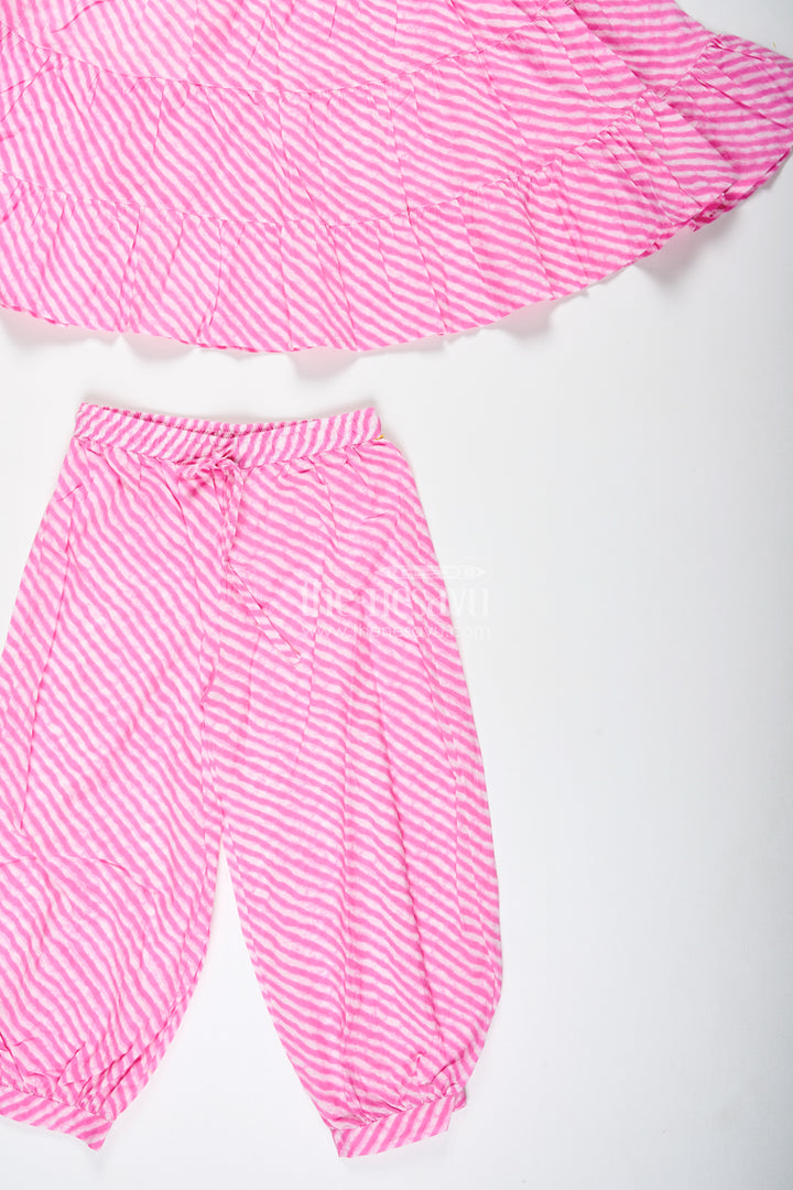 Girls Pink Cotton Casual Set With Striped Tiered Top And Pants