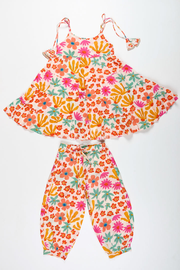Girls Floral Cotton Casual Set With Flared Top And Pants