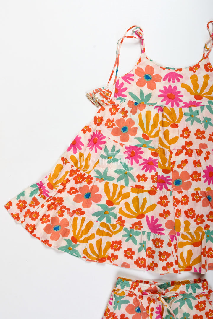 Girls Floral Cotton Casual Set With Flared Top And Pants