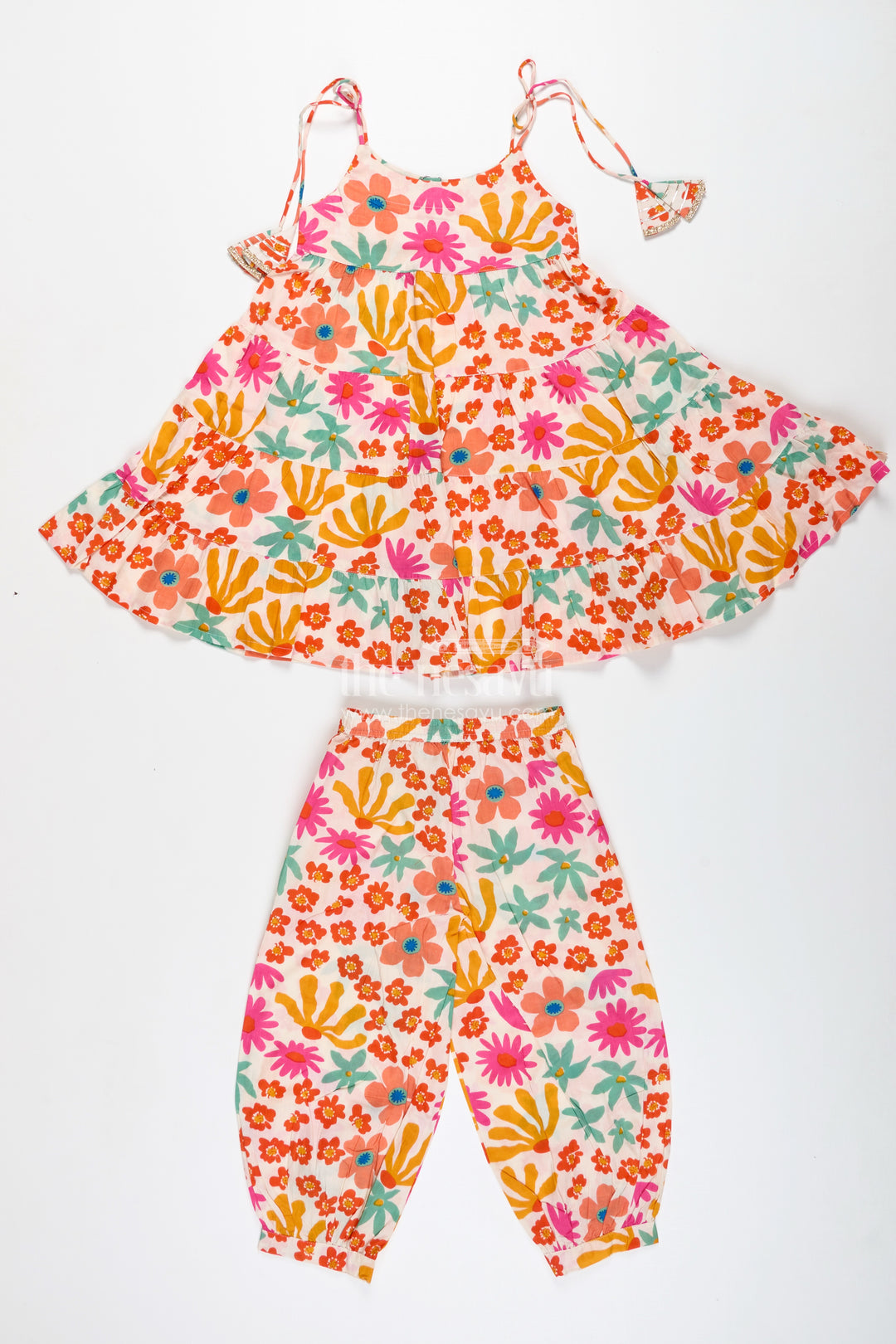 Girls Floral Cotton Casual Set With Flared Top And Pants