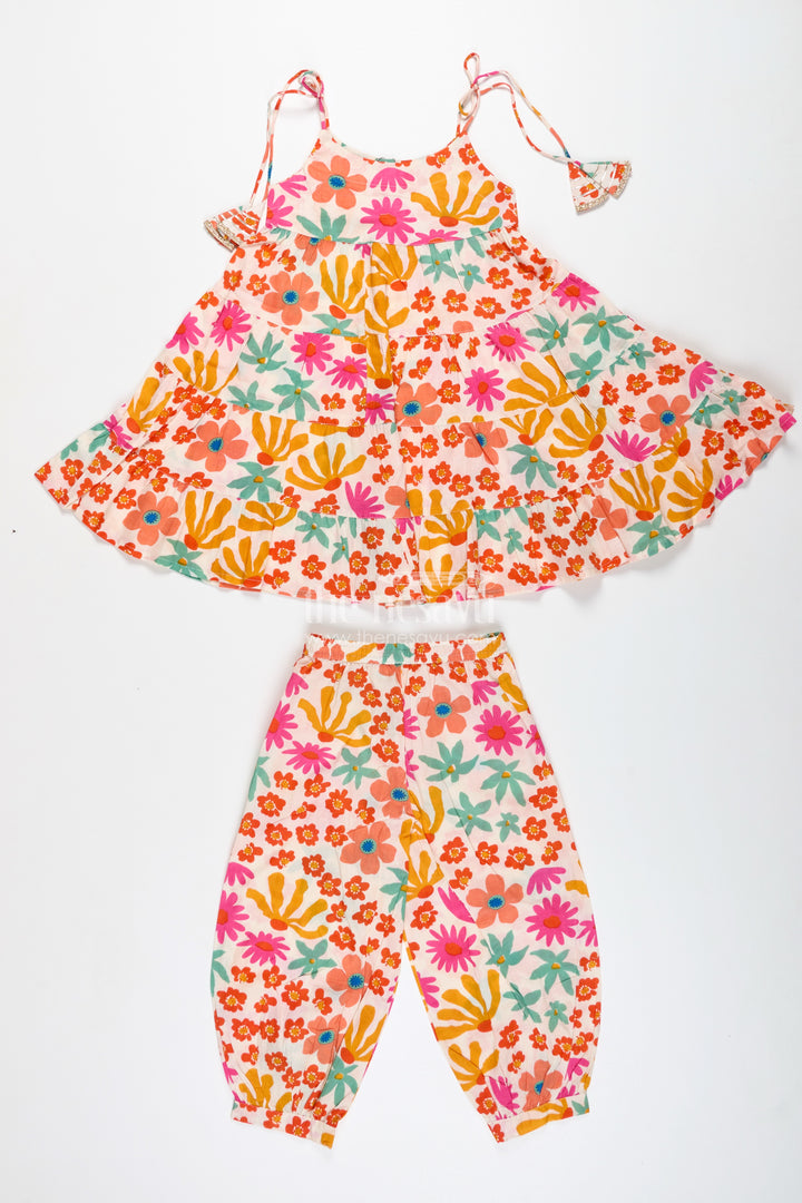 Girls Floral Cotton Casual Set With Flared Top And Pants