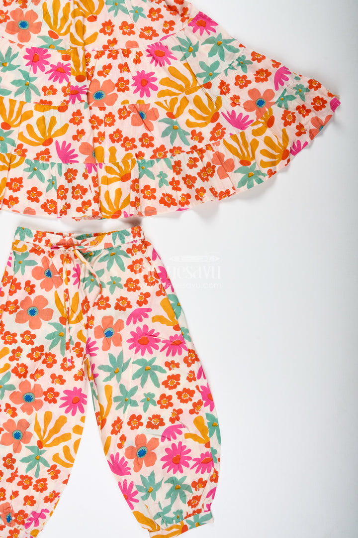 Girls Floral Cotton Casual Set With Flared Top And Pants