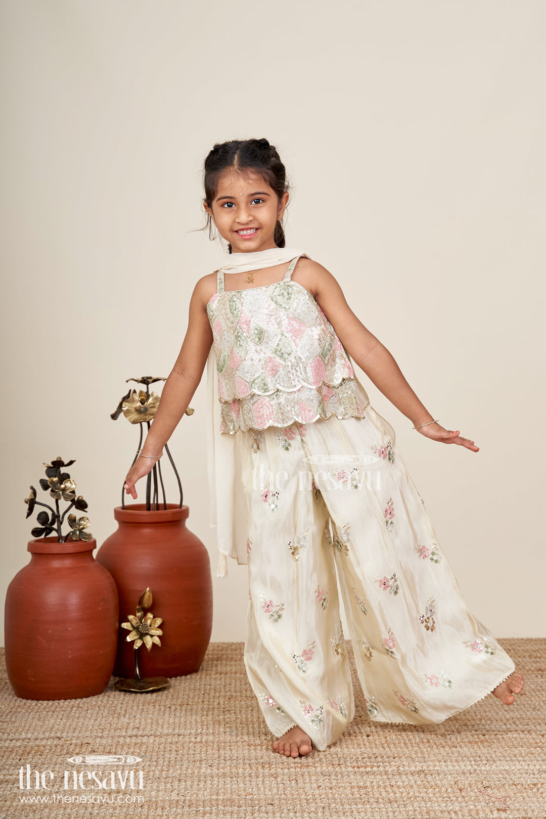 Girls cream sharara set with sequin embroidery for weddings and receptions