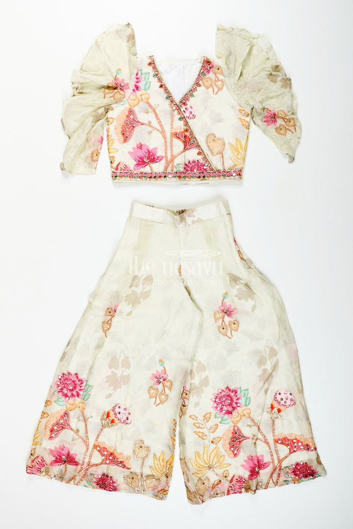 Girls white floral sharara set with puff sleeve blouse for birthdays and events