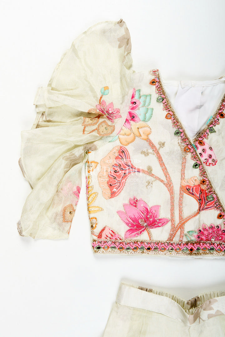 Girls white floral sharara set with puff sleeve blouse for birthdays and events