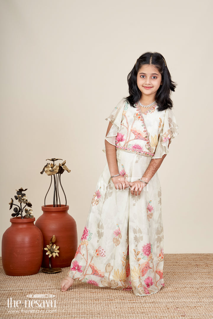 Girls white floral sharara set with puff sleeve blouse for birthdays and events