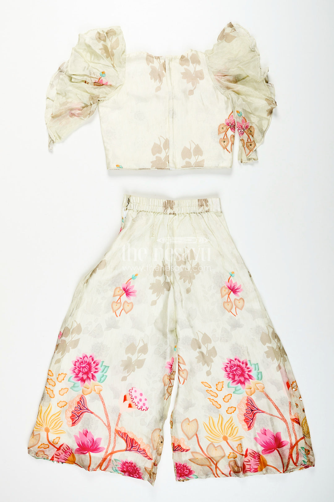 Girls white floral sharara set with puff sleeve blouse for birthdays and events