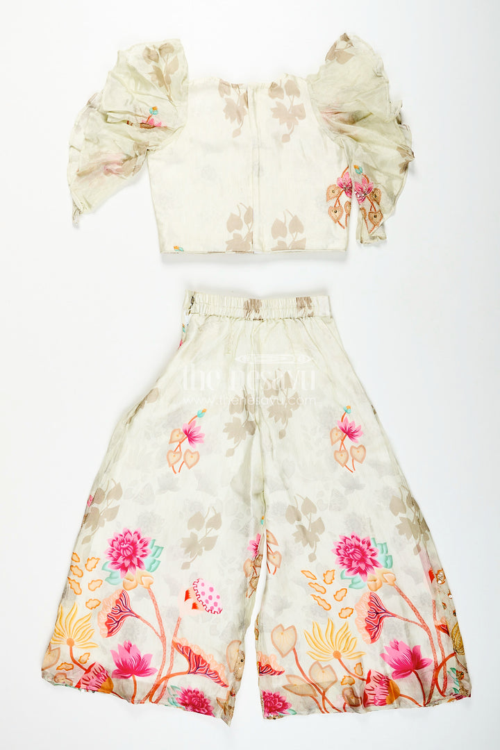 Girls white floral sharara set with puff sleeve blouse for birthdays and events