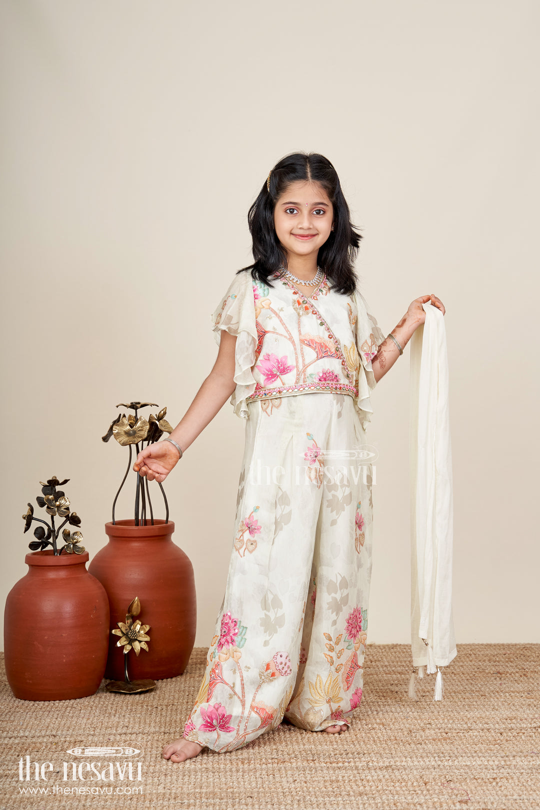Girls white floral sharara set with puff sleeve blouse for birthdays and events