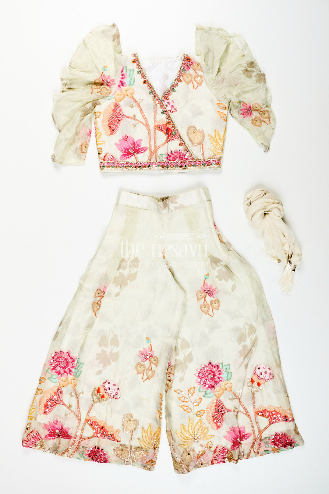 Girls white floral sharara set with puff sleeve blouse for birthdays and events