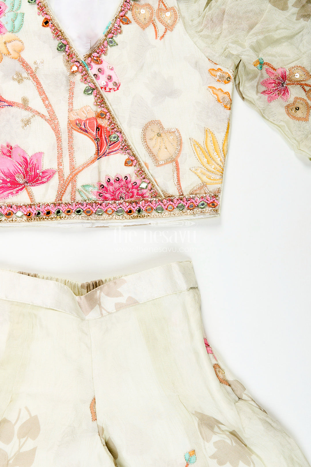 Girls white floral sharara set with puff sleeve blouse for birthdays and events