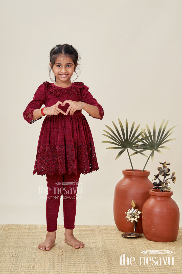 Maroon Velvet Sharara Set For Toddler Girls Ethnic Outfit With Embroidered Yoke For Weddings