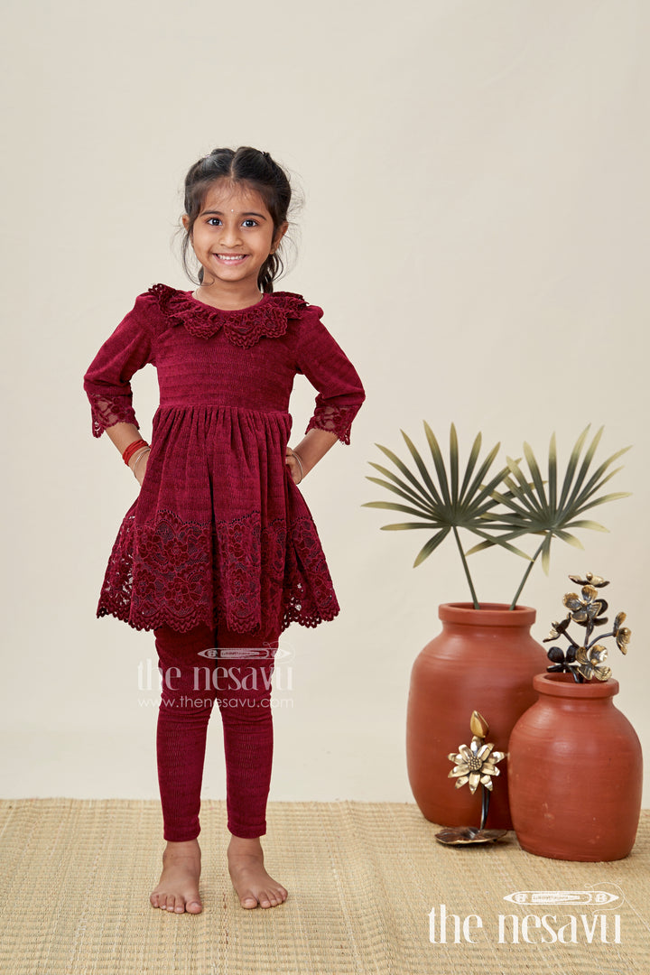 Maroon Velvet Sharara Set For Toddler Girls Ethnic Outfit With Embroidered Yoke For Weddings