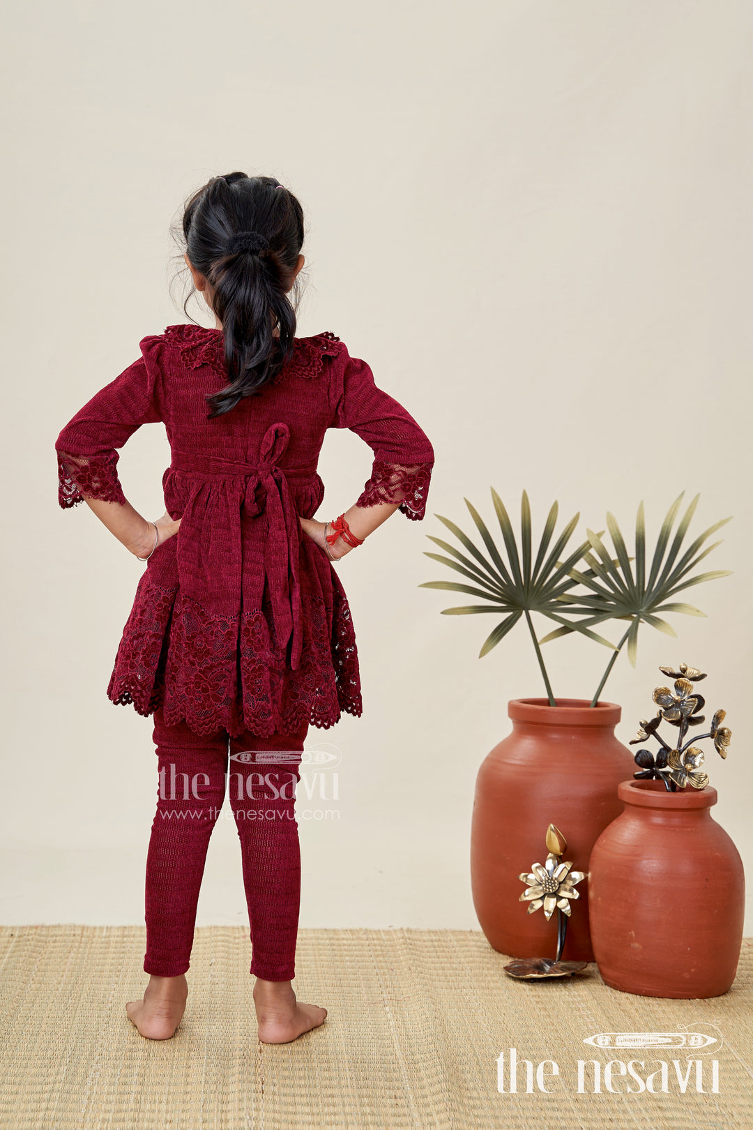 Maroon Velvet Sharara Set For Toddler Girls Ethnic Outfit With Embroidered Yoke For Weddings